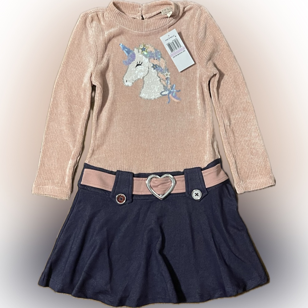 Pink & Violet ~ Soft Pink/Navy Knit Sweater Dress with Elegant Unicorn Design